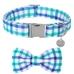 Dog Collar Bow Tie Cotton Metal Buckle Blue Grid Gift Medium Pet Neck Strap