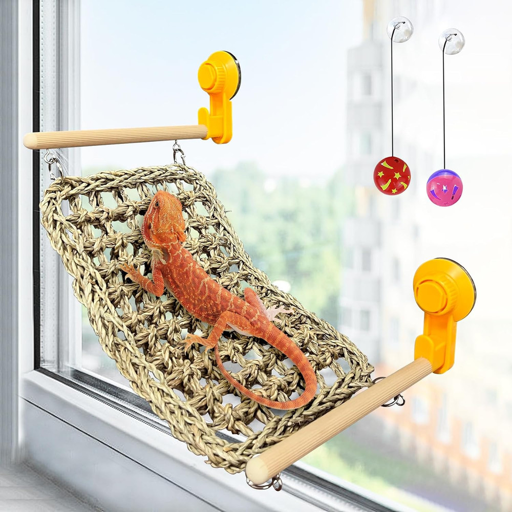 Bearded Dragon Hammock, Reptile Window Perch Natural Seagrass Gecko Climbing Tan