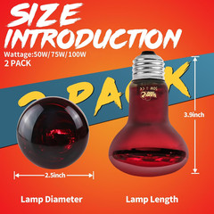 Infrared Heat Lamp 50W 2 Pack，Reptile & Amphibian Basking Spot Light Bulbs, Red