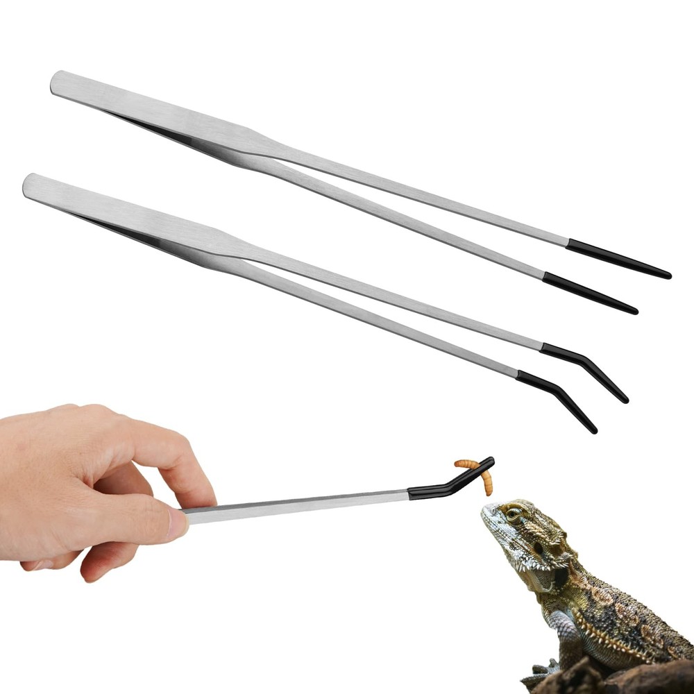 Novery 2PCS Stainless Steel Reptile Feeding Tongs with Rubber Tip, Silver
