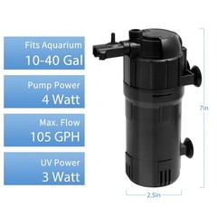Fish Tank Filter with U-V Light, Submersible Aquarium Filter for 10 to 40 Gal…