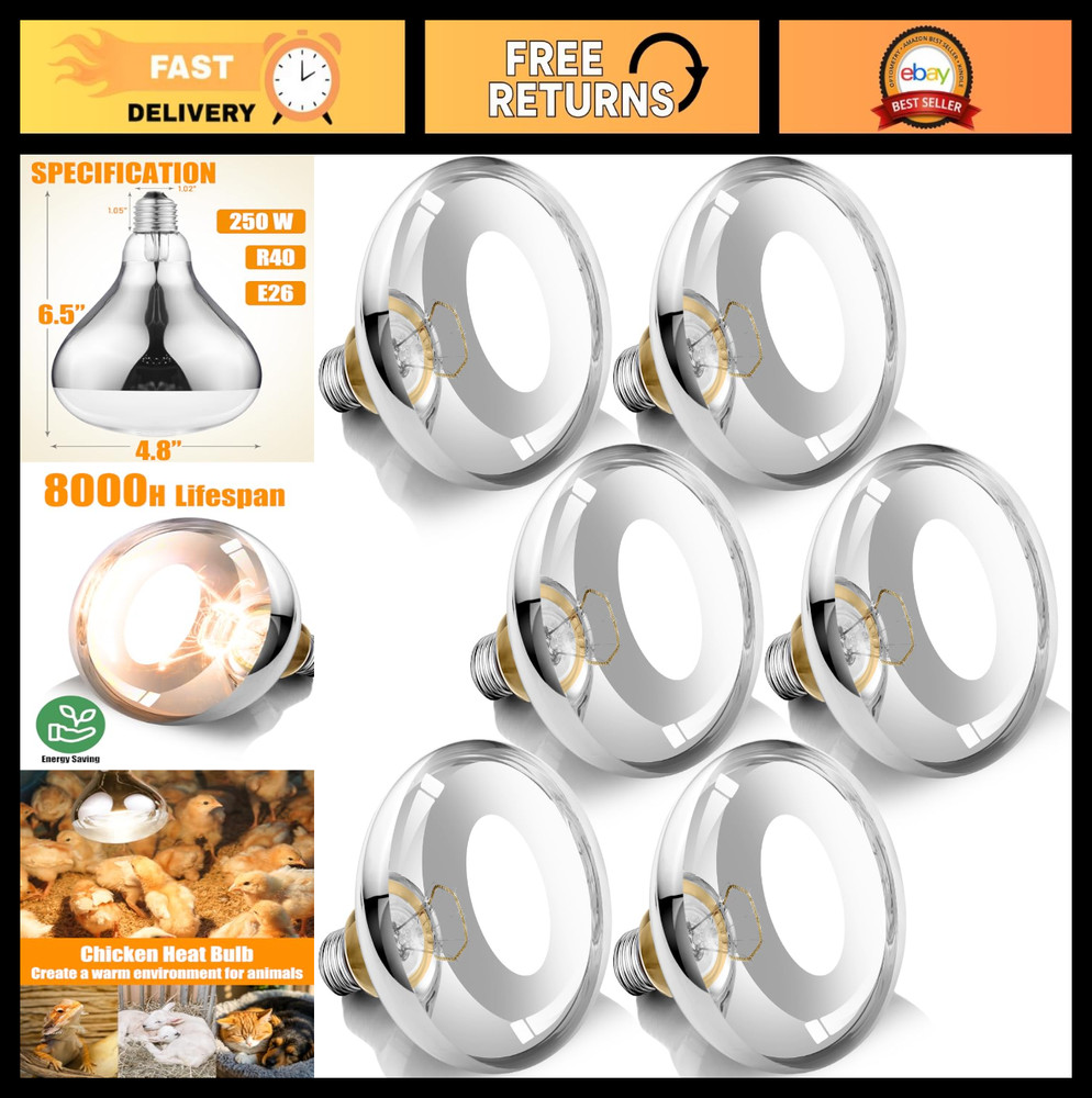 250W Infrared Heat Lamp Bulbs, 8000 Hour Life, E26 Base, 6 Pack for Pets & Food
