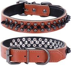 Pimaodog Spiked Studded Dog Collar, Genuine Leather Dog Collar, Adjustable Pe…