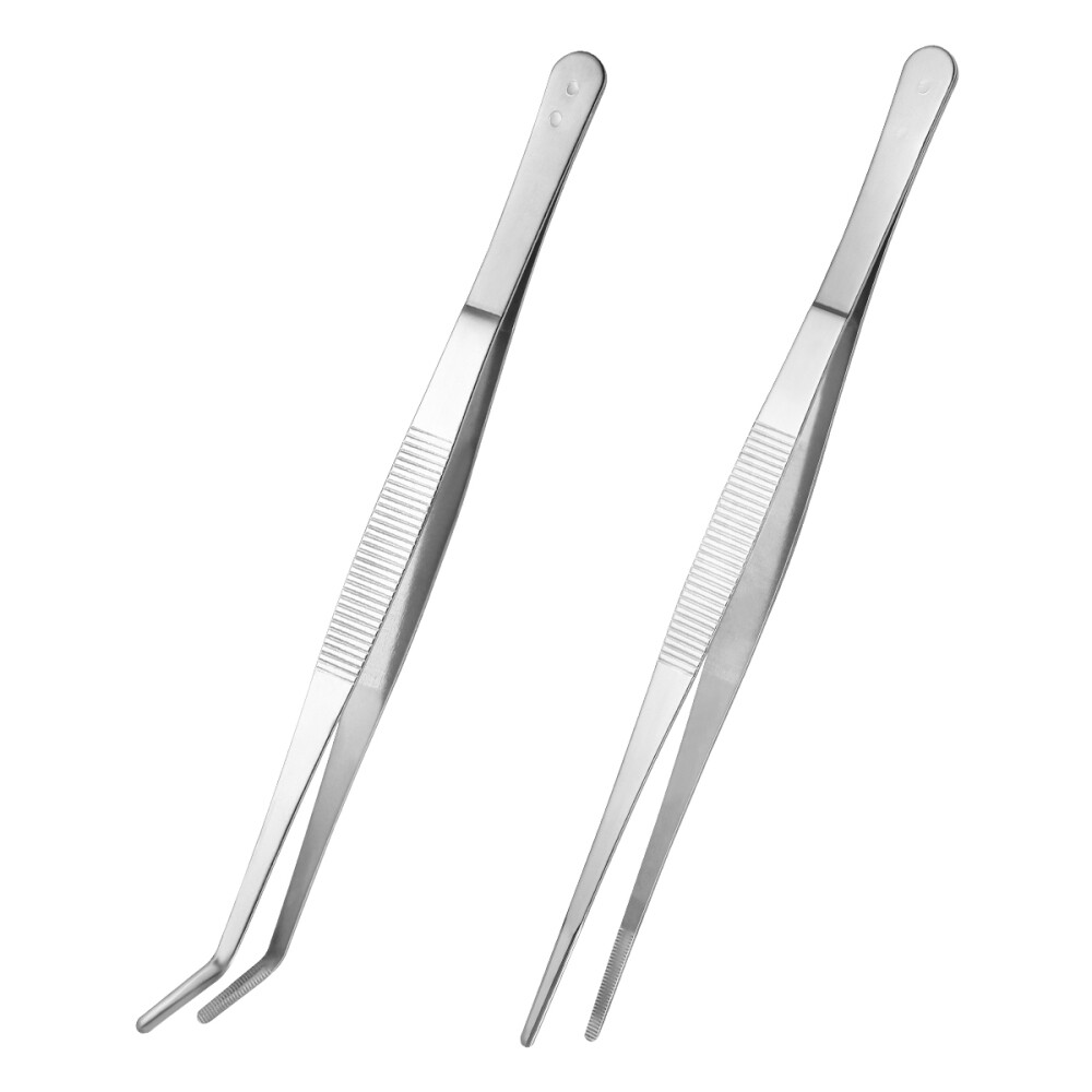 2pcs Stainless Steel Straight and Curved Nippers Tweezers Feeding Tongs