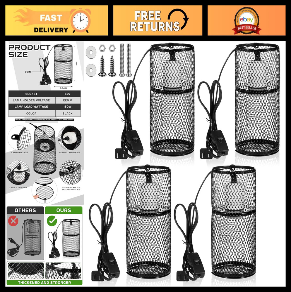4 Pcs Reptile Heat Lamp Guard with 150W Ceramic Emitter & Mesh Cage – Basking Pr