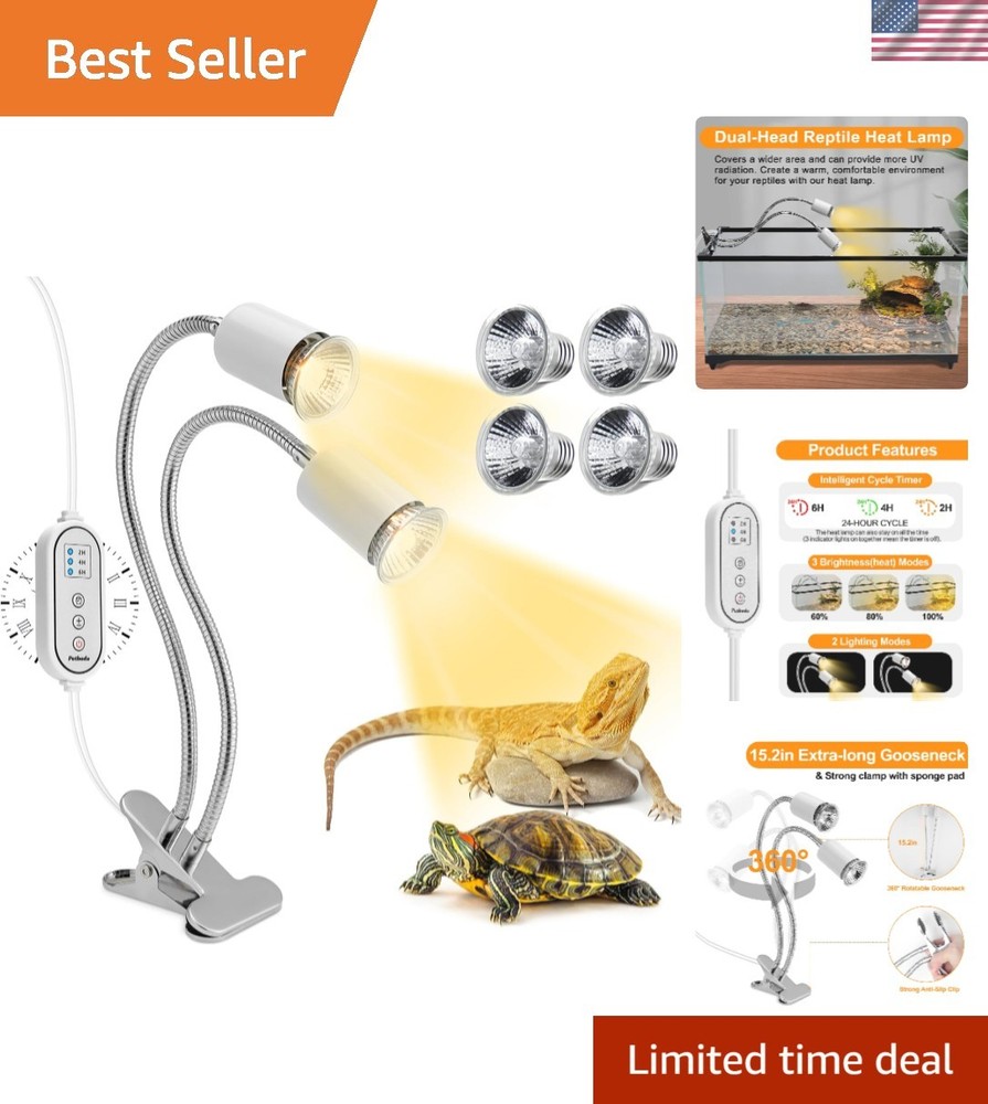 Versatile Reptile Heat Lamp with Timer & 4 Bulbs – Ideal for Turtles, Lizards