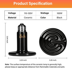 Reptile Heat Lamp 100W 2-Pack Ceramic Heat Emitter, No Light Emitting Heat Bulbs