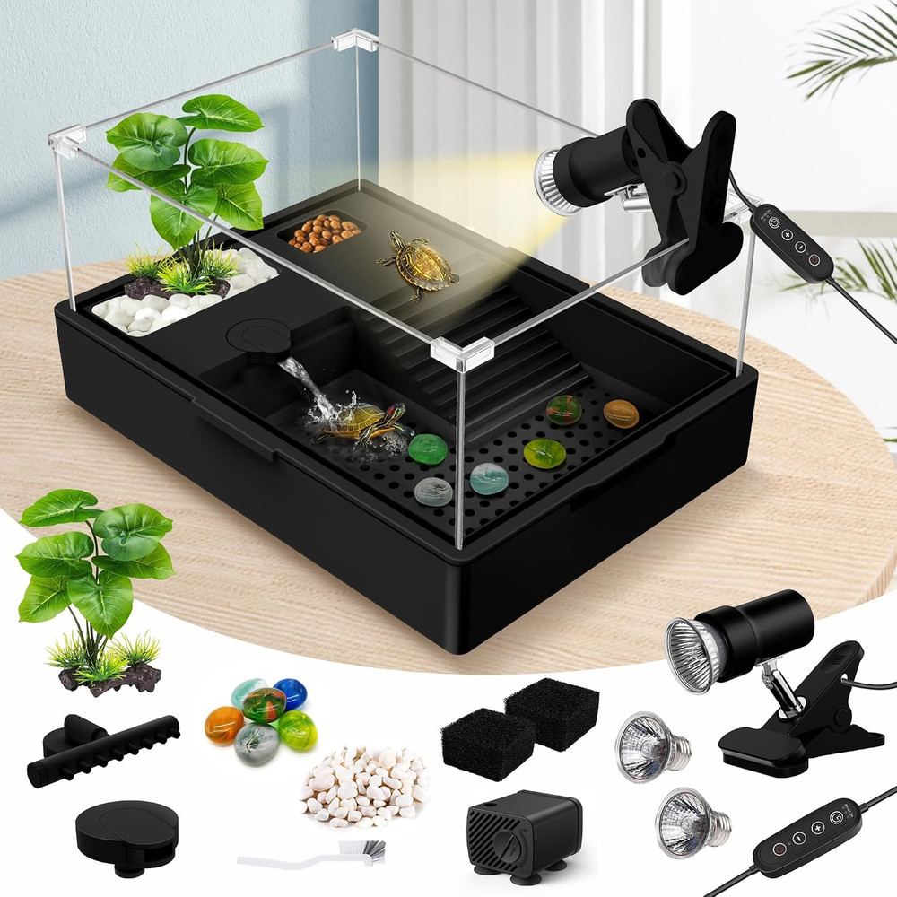 Small Turtle Tank Kit+Water Pump+Lamp, Acrylic Turtle Tank Starter Kit with Adju