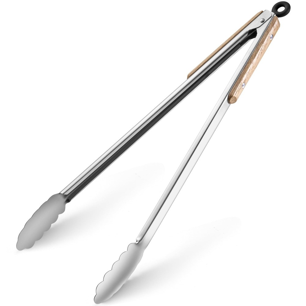 17-Inch Grill Tongs – Locking Metal Tongs with Oak Wood Handles,Stainless Ste…