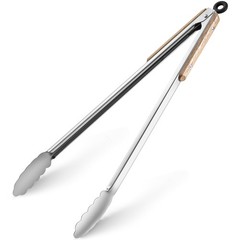 17-Inch Grill Tongs – Locking Metal Tongs with Oak Wood Handles,Stainless Ste…