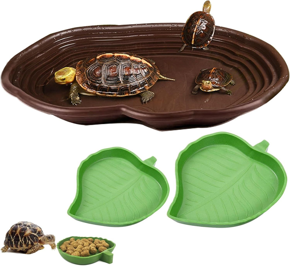 3PCS Tortoise Water Bowl with Ramp Leaf Tortoise Water Dish Turtle Pool Tortois
