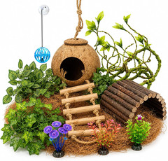 Crested Gecko Tank Accessories，Reptile Vines Plants with Coconut Shell Ladder Hi