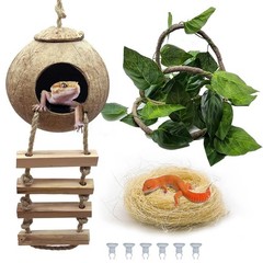 Crested Gecko Coconut Hide,Leopard Gecko Coco Hut Hideout Cave with Ladder,Re…