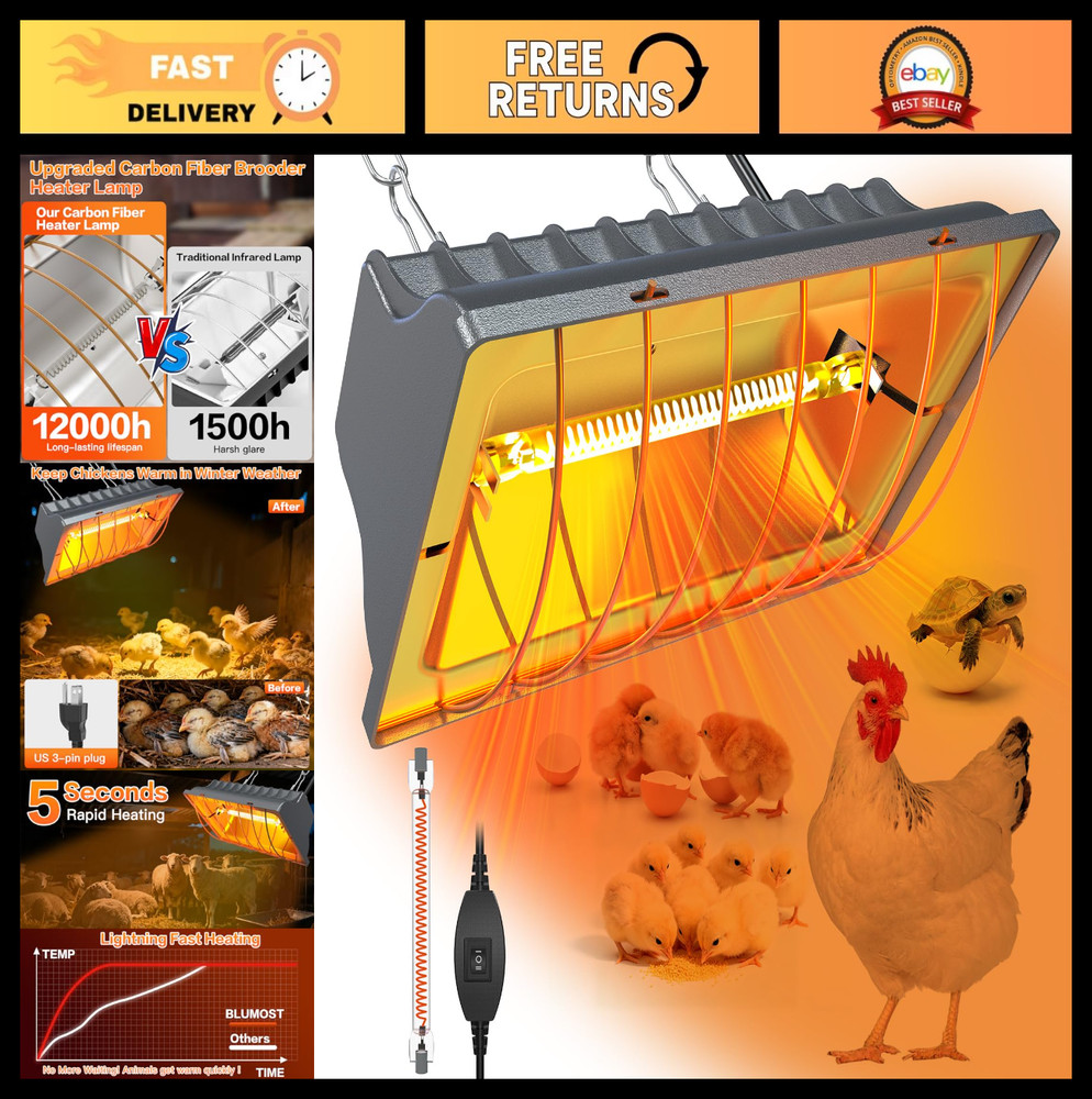 300W Chicken Coop Heating Lamp – Adjustable Temp & Height, UL Listed, 6.23ft Cor