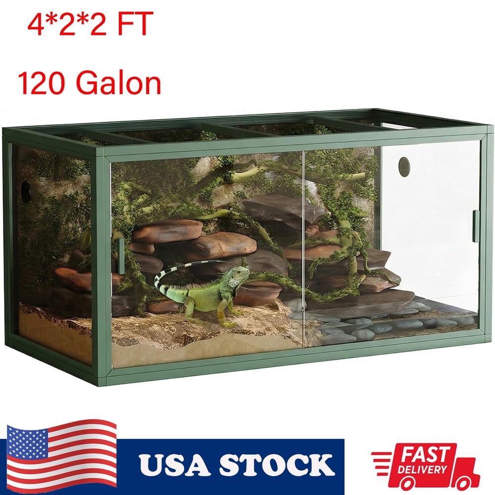 Reptile Enclosure Terrarium 120 Gal 4x2x2 ft Green Low Habitat w/Sliding Doors