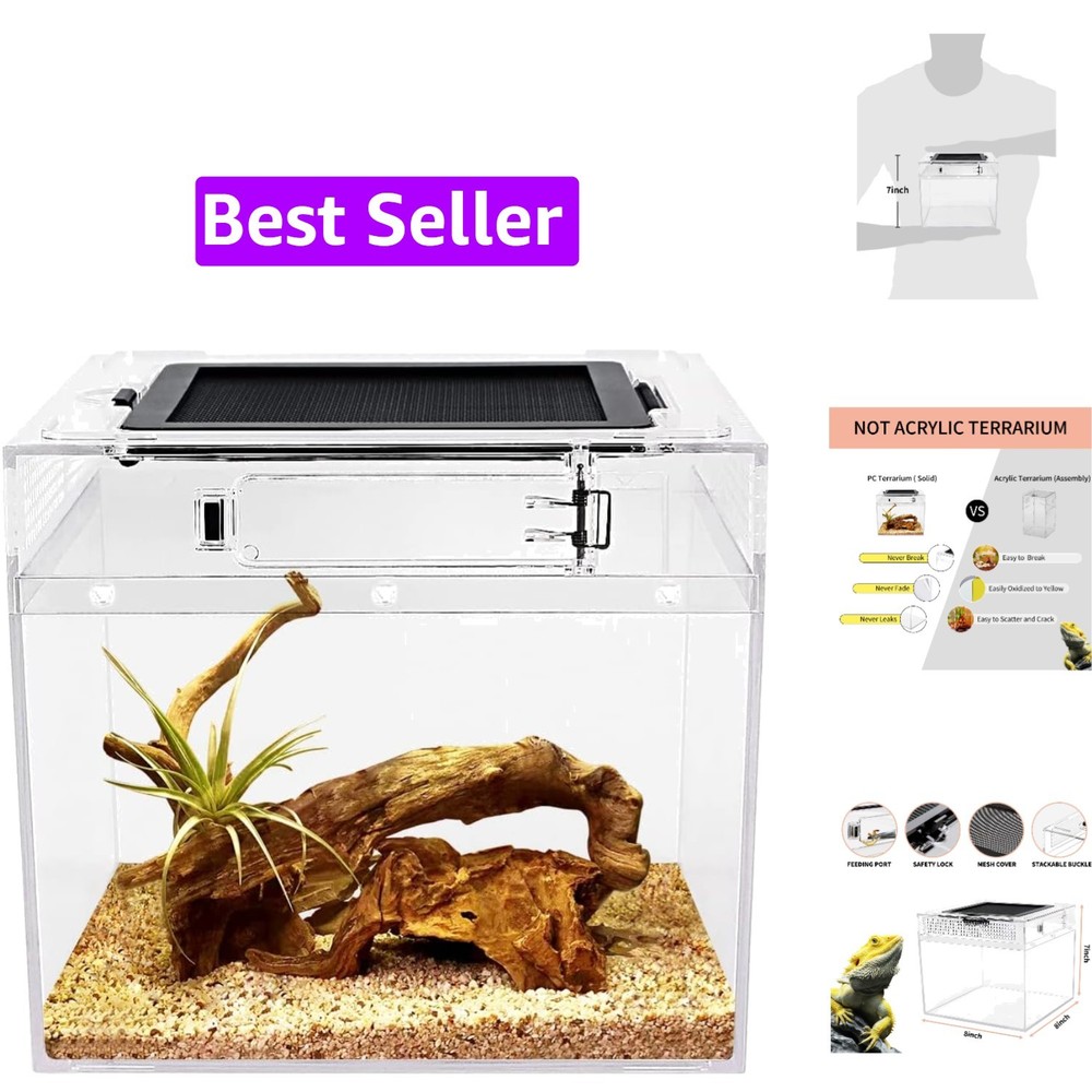 mini Reptile Terrarium,8″ x 8″x 8″ Reptile Tank with Full View Visually Appea…