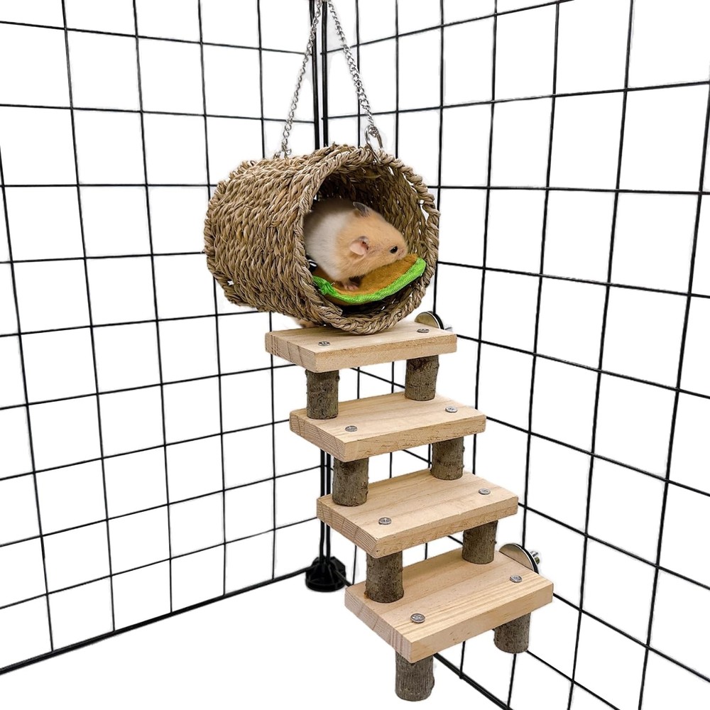 Hamster Climbing Ladder Wood Stair Hanging Hammock Set Molar Toys Cage