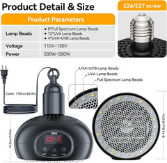 QRQ Chicken Coop Heater, 200W-350W-500W Reptile Heat Lamp with UVA UVB Dimmable