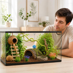 Crested Gecko Tank Accessories，Reptile Vines Plants with Coconut Shell Ladder Hi