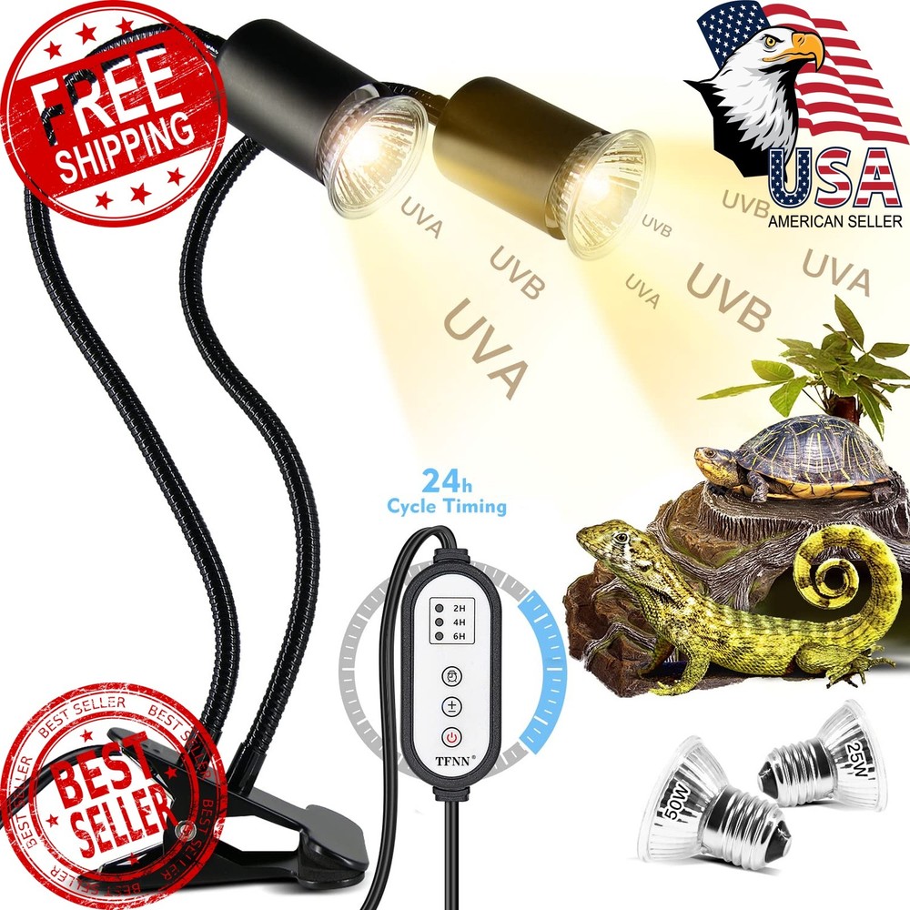 TFNN Reptile Heat Lamp Double Head 25W+50W Bulbs Clamp