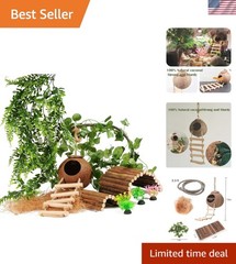 Complete Reptile Tank Accessories – Safe Coconut Shell with Ladder & Plants