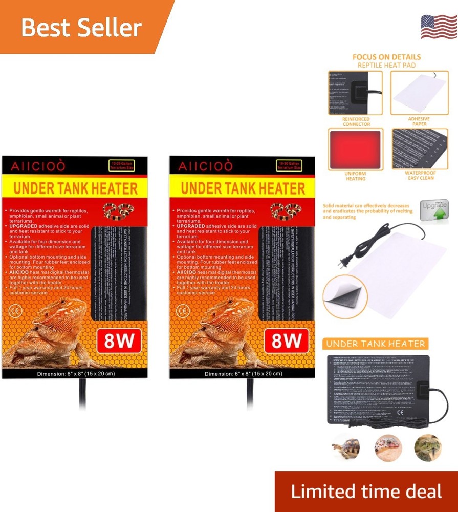 6×8 Inch Reptile Heating Pads – 8 Watt Under Tank Heat Sources, 2-Pack