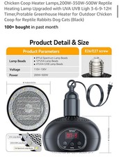 Pet Heater Lamp, 200W-500W, UVA/UVB, 3-12H Timer, Heater for Chickens or Reptile