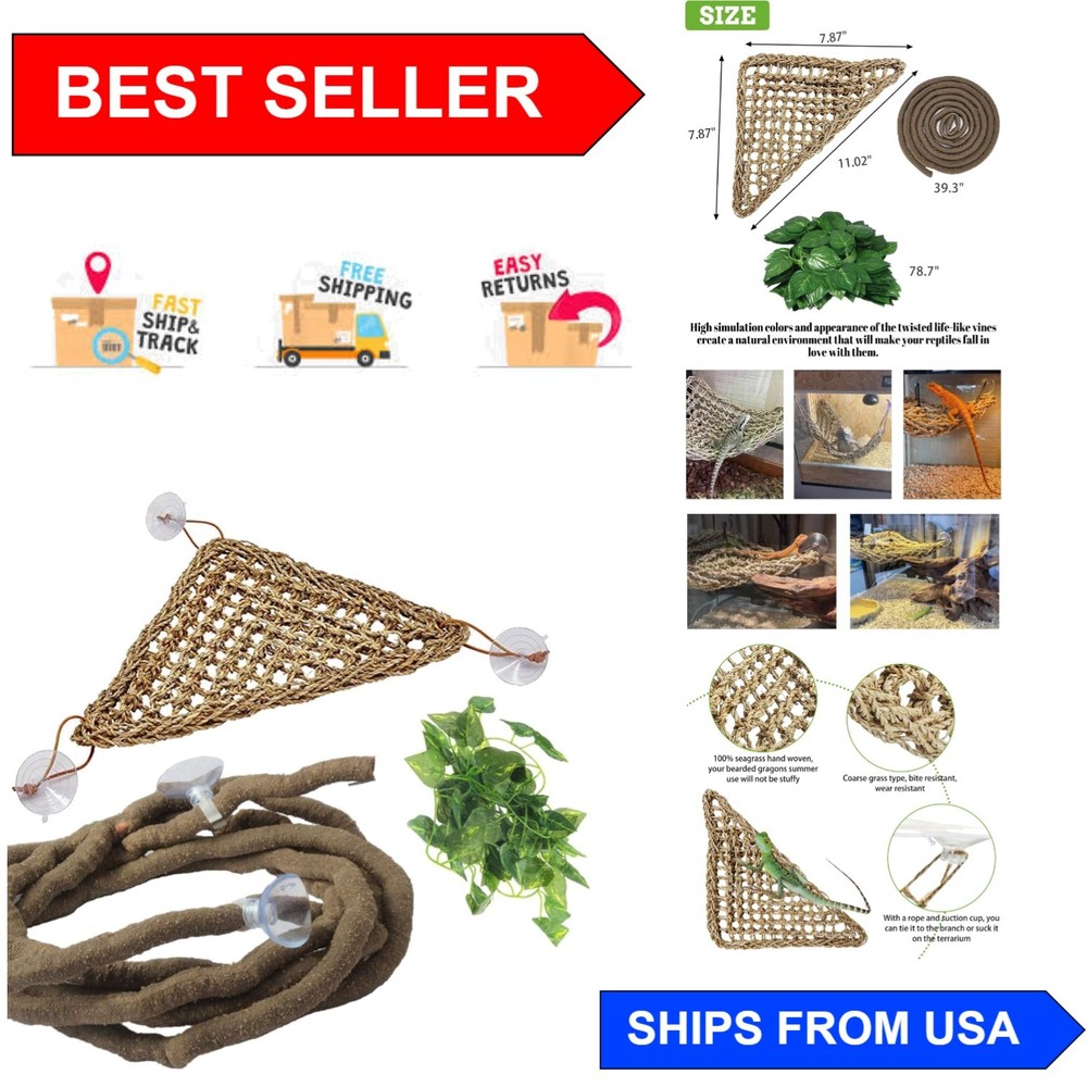 Durable Bearded Dragon Hammock with Suction Cups & Jungle Vines for Reptiles