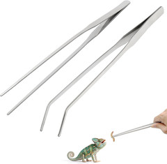 2 Pcs 10.6 In Stainless Steel Reptile Feeding Tongs, Straight, Curved Tweezers