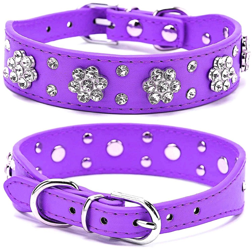 Rhinestone Dog Collar, Cute Flower Rhinestone Bling Collar PU Leather Adjusta…