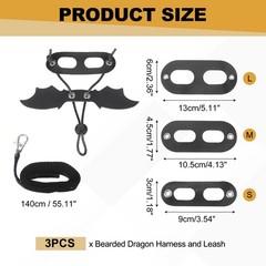 3Pcs Bearded Dragon Lizard Leash Harness with Wing LeatherS/M/L Black