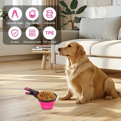 Collapsible Silicone Dog Food Scoop Foldable Bag Clip Rose Red Medium Pet