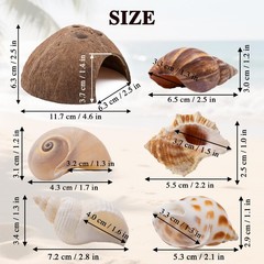 6 PCS Hermit Crab Shell 1 Coconut Hut 5 Seashell Decoration Tank Hideout Toy