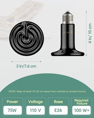 75w Ceramic E26 Reptile Heat Emitter No Light Emitting for 10-30 Gallon