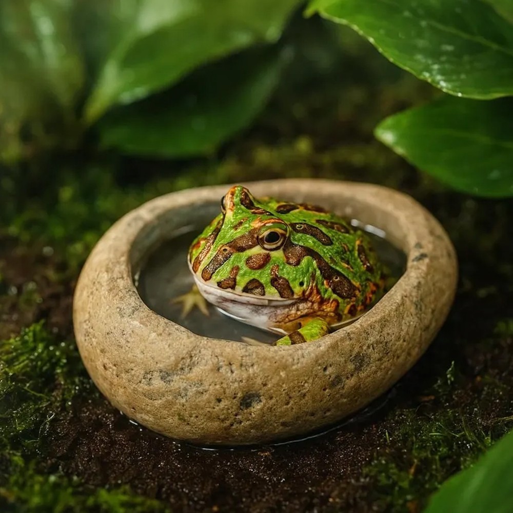 Frog Water Feeding Bowl Natural Stone Handmade Pebble Dish Reptile Accessories