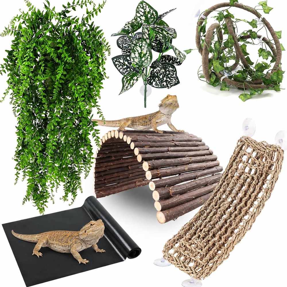 Bearded Dragon Tank Accessories, Reptile Mat Hammock Plants Bridge Jungle Cli…