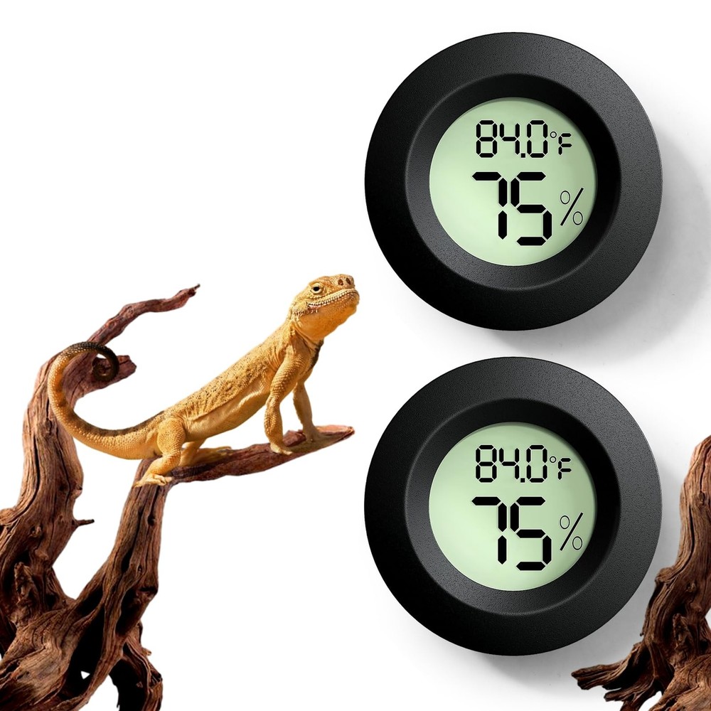 Reptile Tank Accessories, 2 PCS Thermometer and Humidity Black Round