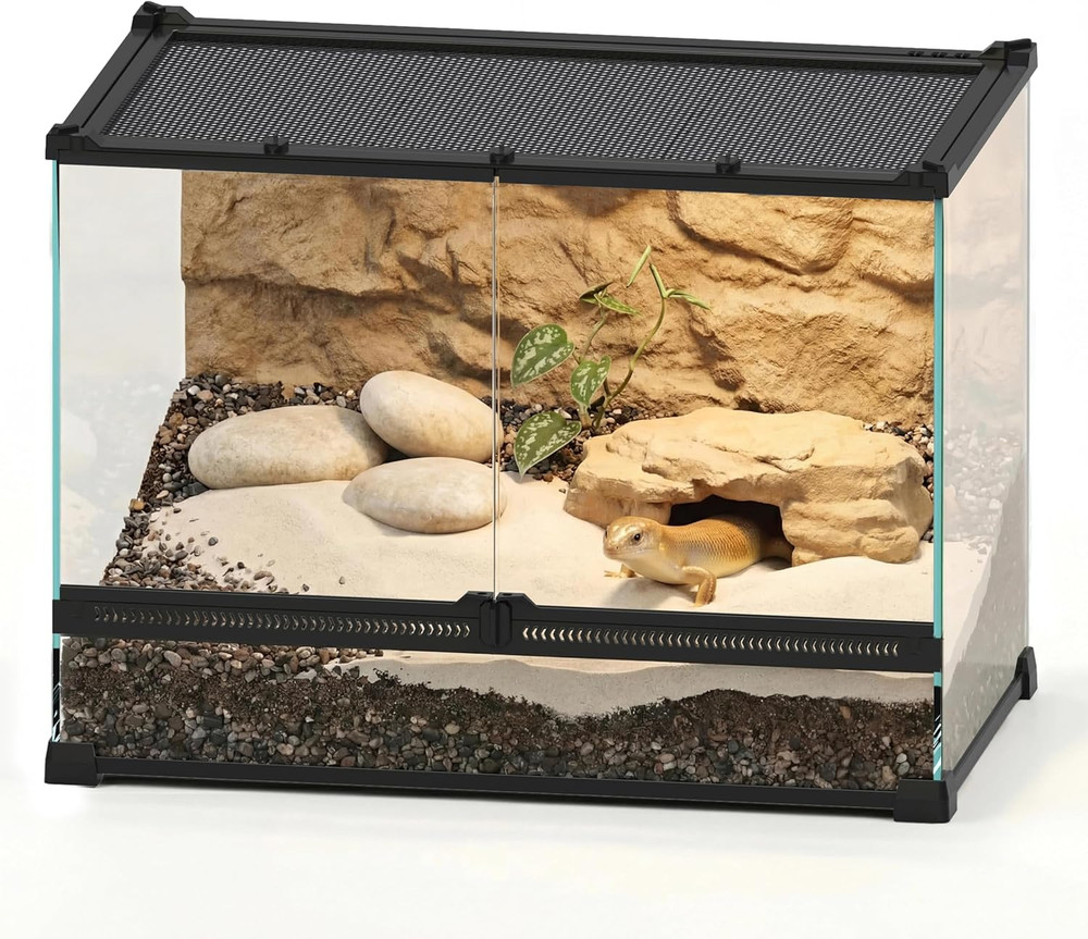 14 Gallon 20″X12″X14″ Professional Glass Terrarium, Dual Front Doors with Feedin