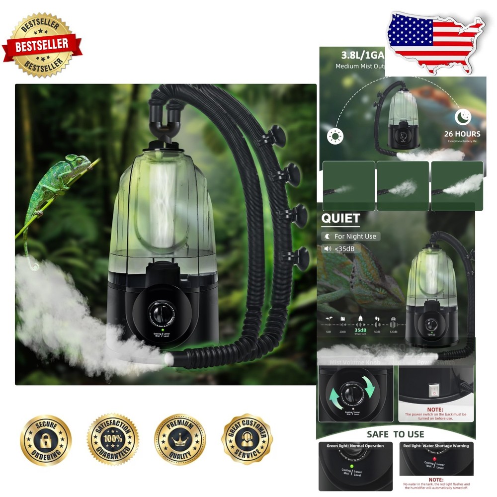 Silent Reptile Humidifier Mister, 3.8L Capacity, Removable Tank, Auto Shut Off