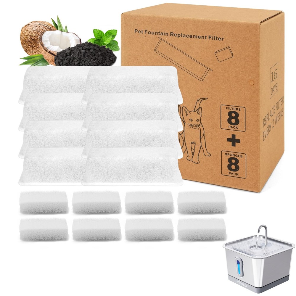 Cat Water Fountain Filters for 4L/135oz – 8 Replacement & Sponges