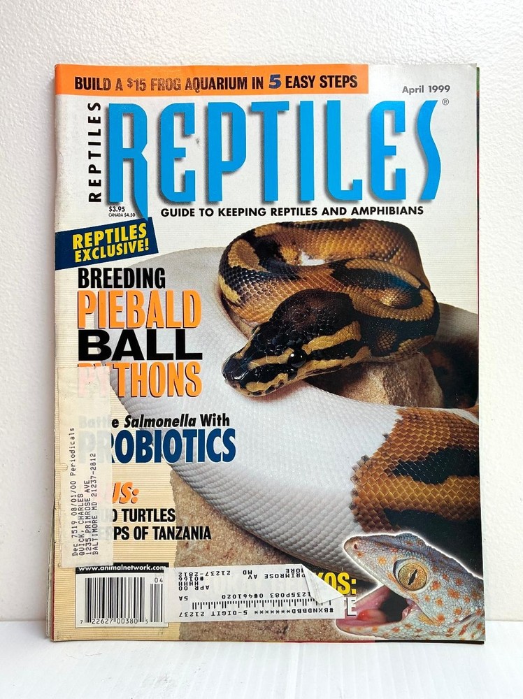 REPTILES MAGAZINE: BREEDING PIEBALD BALL PYTHONS, ETC; APRIL 1999