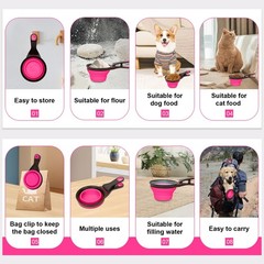 Collapsible Silicone Dog Food Scoop Foldable Bag Clip Rose Red Medium Pet