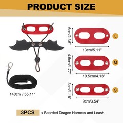 3Pcs Bearded Dragon Lizard Leash Harness with Wing LeatherS/M/L Red