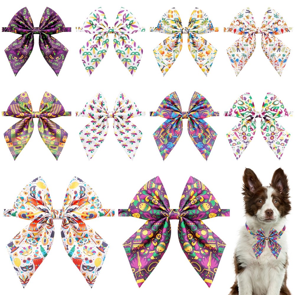 10 PCS Mardi Gras Dog Collar Bow Ties Medium Large Adjustable Pet Grooming