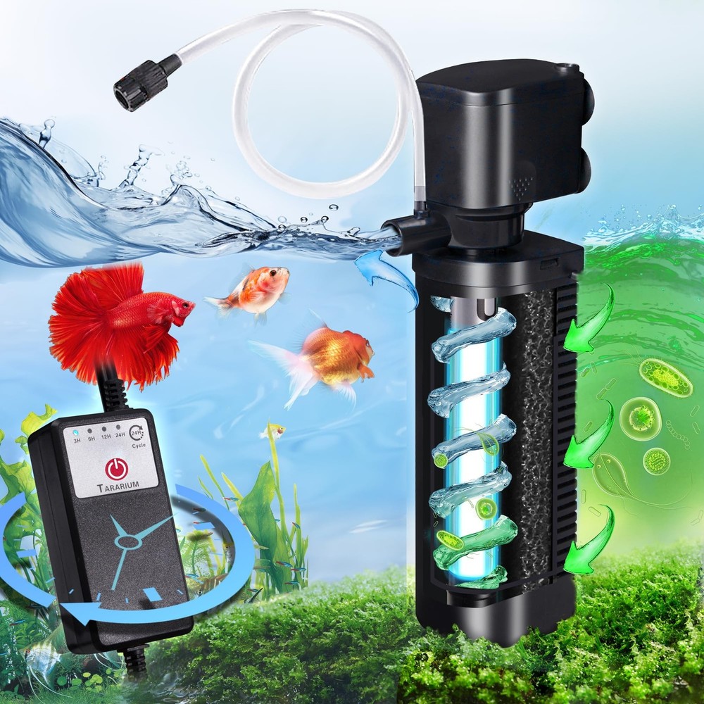 Aquarium Filter U-V w/Scientific 3,6,12,24H Timer 200GPH for 20-75Gal Fish Tu…