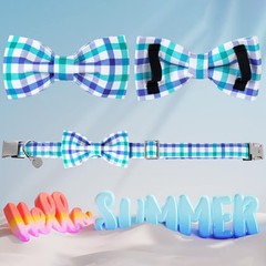 Dog Collar Bow Tie Cotton Metal Buckle Blue Grid Gift Medium Pet Neck Strap