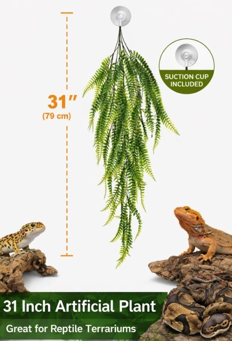 Reptile Terrarium Decor, Artificial Hanging Plant with Suction Cup Gecko Hide