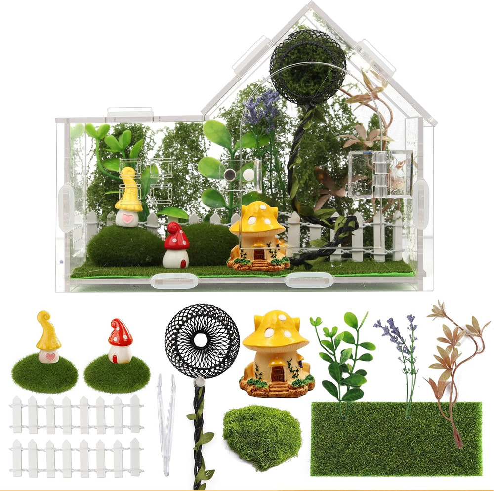 16-In-1 Jumping Spider Enclosure Kit, Acrylic Cabin-Style Terrarium with Sloped
