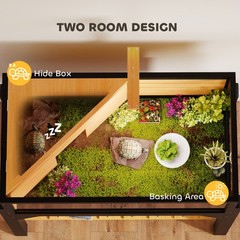 Wooden Tortoise Enclosure with Storage Shelf, Clear Windows, Lamp Holder