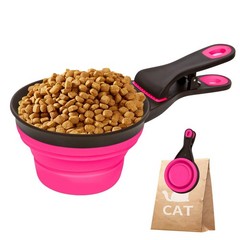 Collapsible Silicone Dog Food Scoop Foldable Bag Clip Rose Red Medium Pet